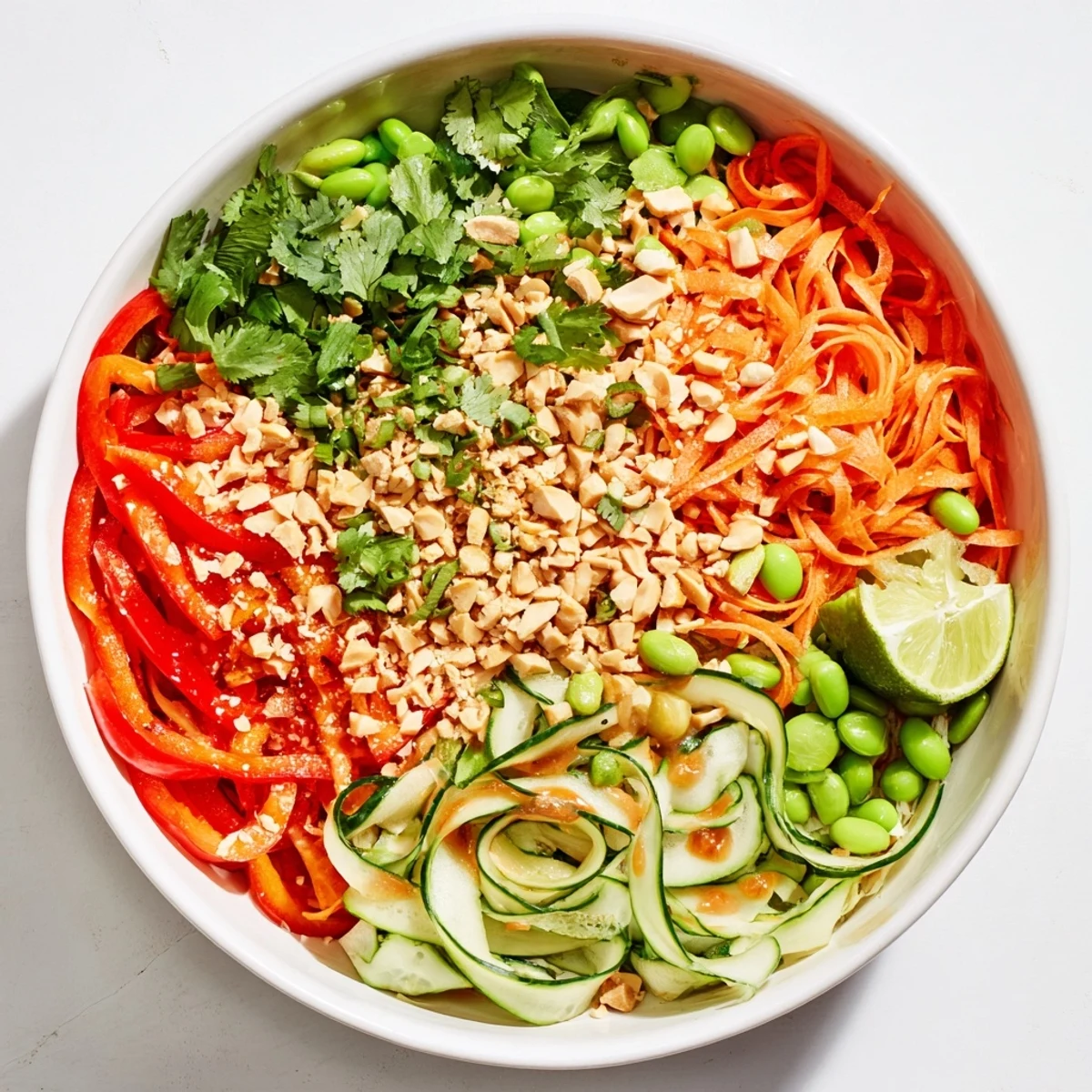 Fresh and vibrant Creamy Asian Cucumber Bowl topped with crunchy peanuts and sesame seeds.  