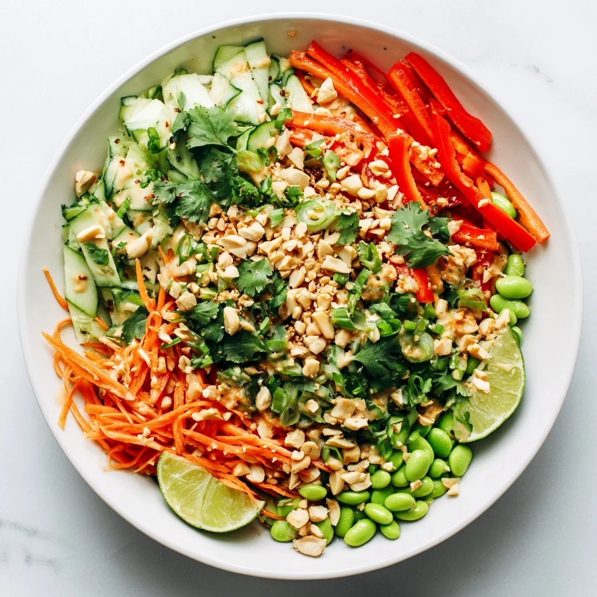 Close-up of Creamy Asian Cucumber Bowl with fresh veggies and tangy Asian dressing.  