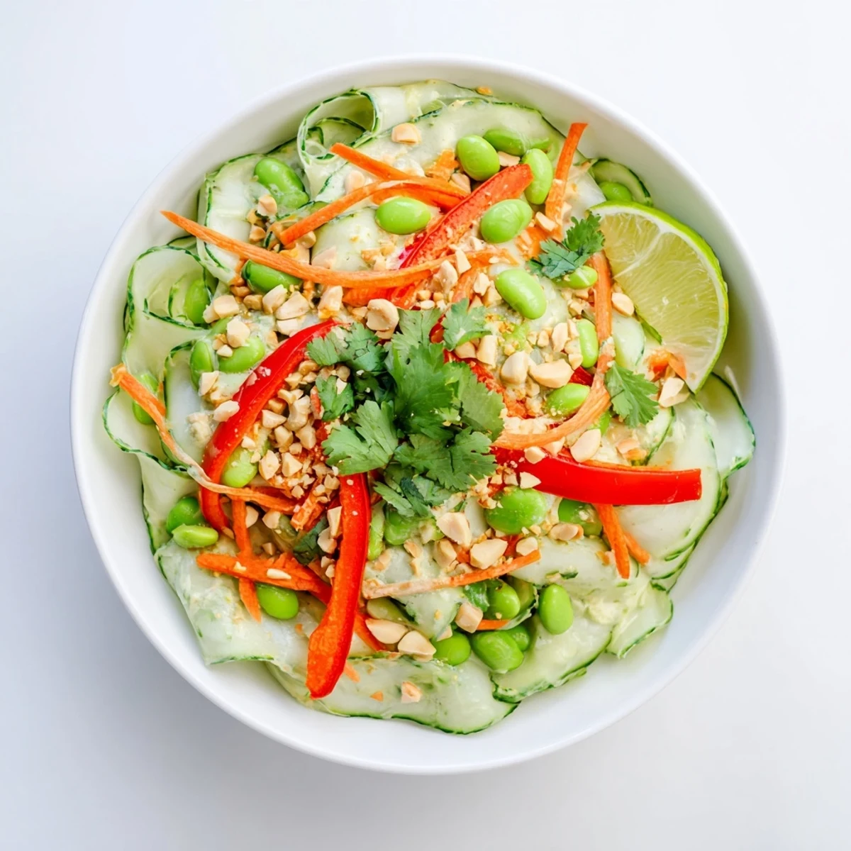 Plated Creamy Asian Cucumber Bowl with creamy dressing and lime wedges for serving.