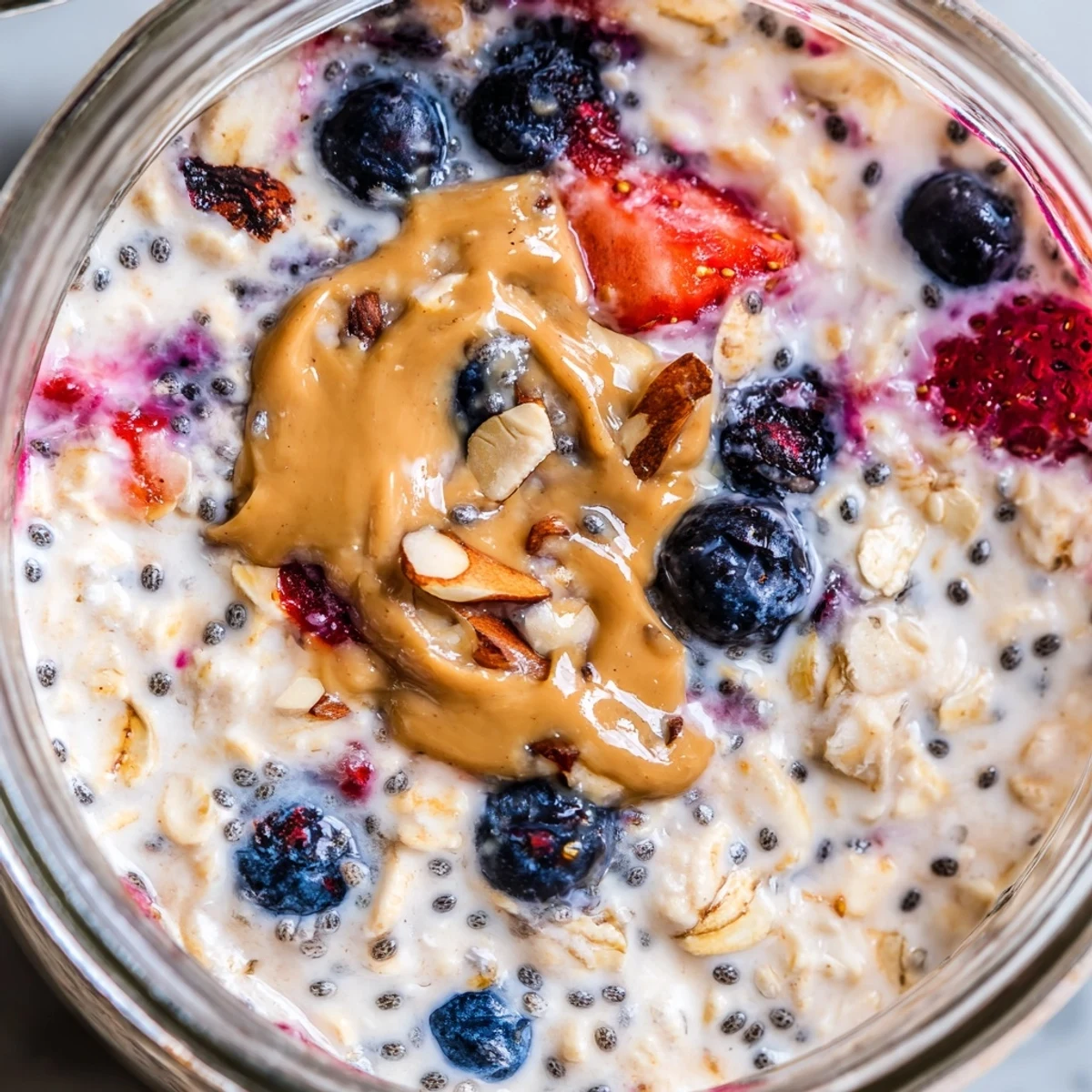 Rolled oats, almond butter, and fresh berries layered in a glass jar for a creamy breakfast.