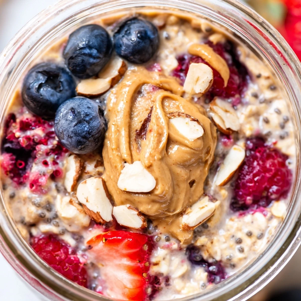 Close-up of Berry Overnight Oats with almond butter drizzle and sliced almond toppings.