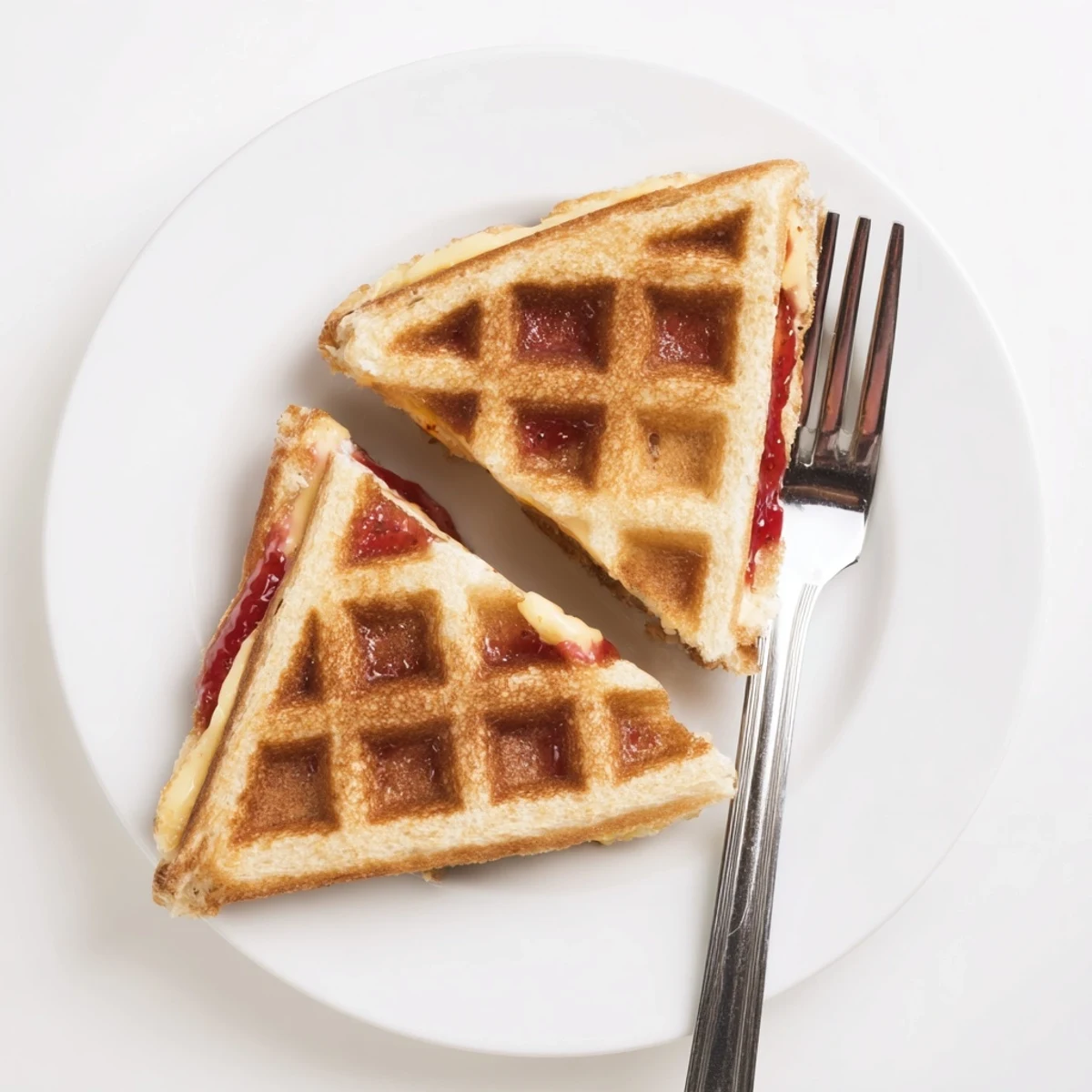 Golden Sweet Waffle Grilled Cheese sandwiches melty cheddar and strawberry preserves in a skillet for a sweet and savory breakfast.
