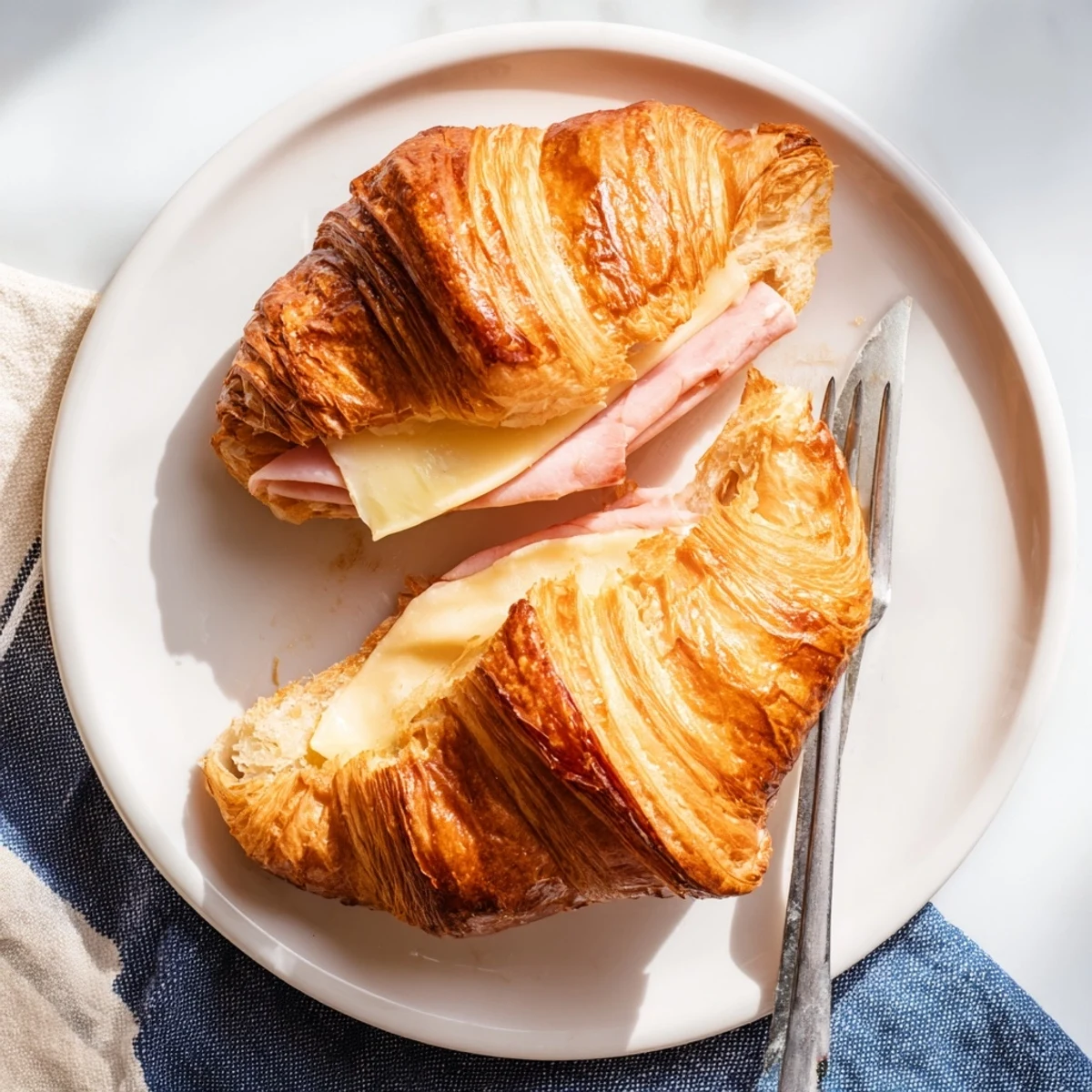 A close-up of a freshly baked Ham and Cheese Croissant with golden, flaky layers and melted Swiss cheese oozing out.