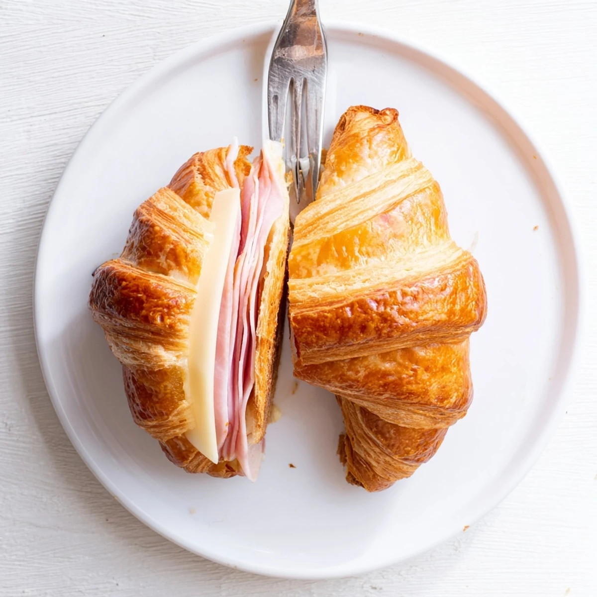 A close view of a Ham and Cheese Croissant, with savory ham and melty cheese peeking from the crusty layers.