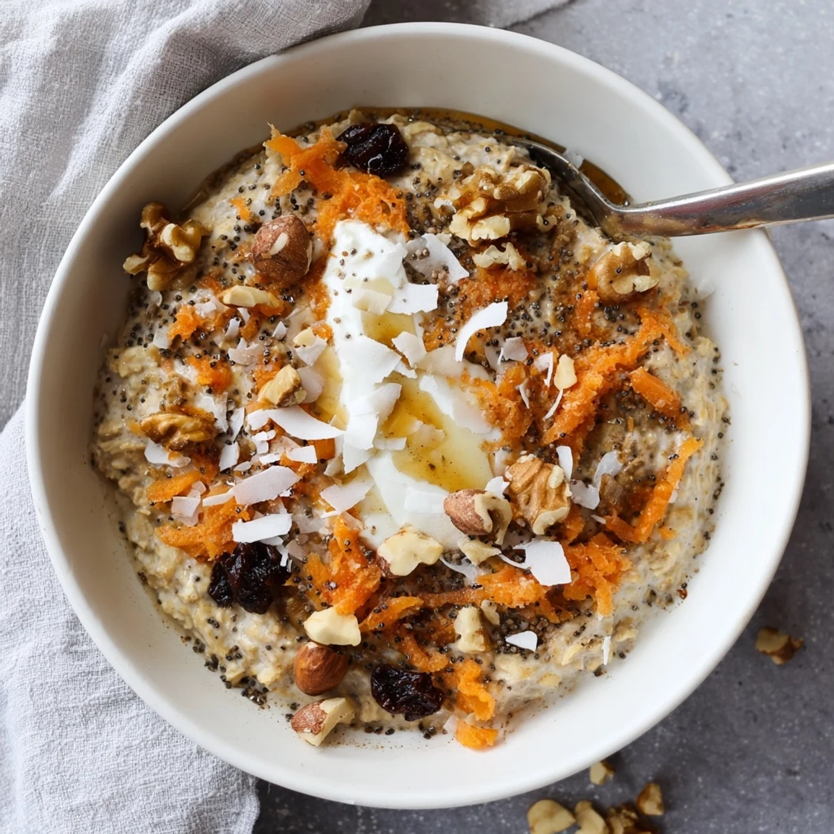 A close-up view of creamy Carrot Cake Overnight Oats topped with toasted walnuts, shredded carrot, and a sweet maple drizzle.