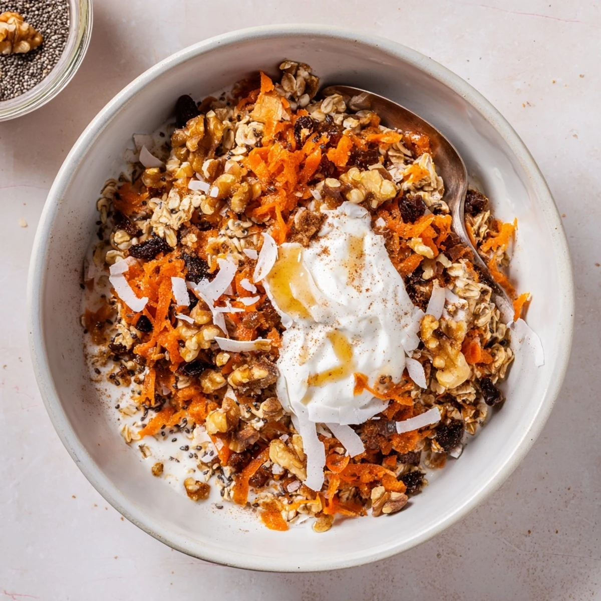 Thick, textured Carrot Cake Overnight Oats in a clear glass jar, layered with chia seeds, grated carrots, and a dollop of yogurt.