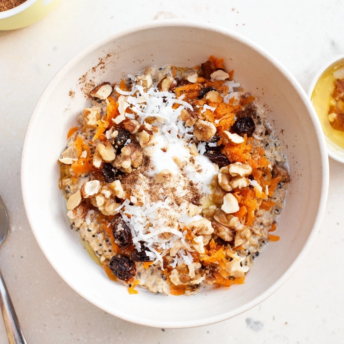A breakfast bowl of chilled Carrot Cake Overnight Oats with pecans and raisins, ready to enjoy on a wooden table.