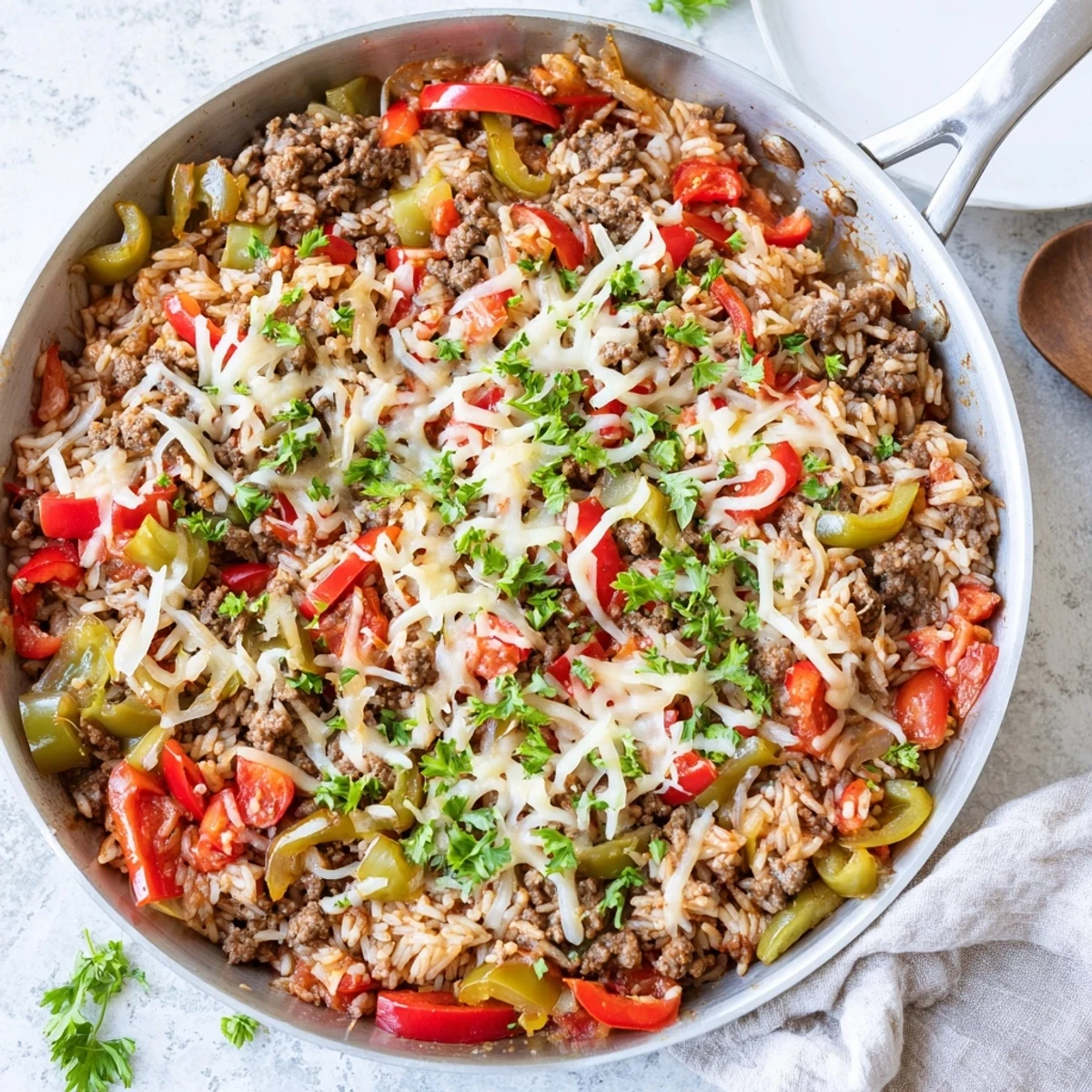 A close-up photo of Unstuffed Pepper Skillet served hot in a cast iron pan, topped with melted mozzarella cheese and fresh parsley.
