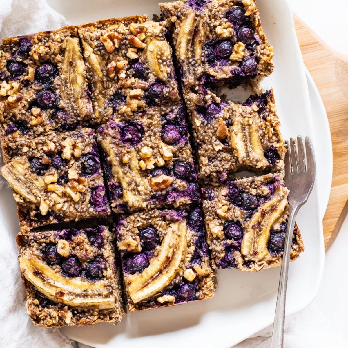 Freshly baked High Protein Banana Blueberry Breakfast Bake in a dish, showing a golden top and juicy berries.