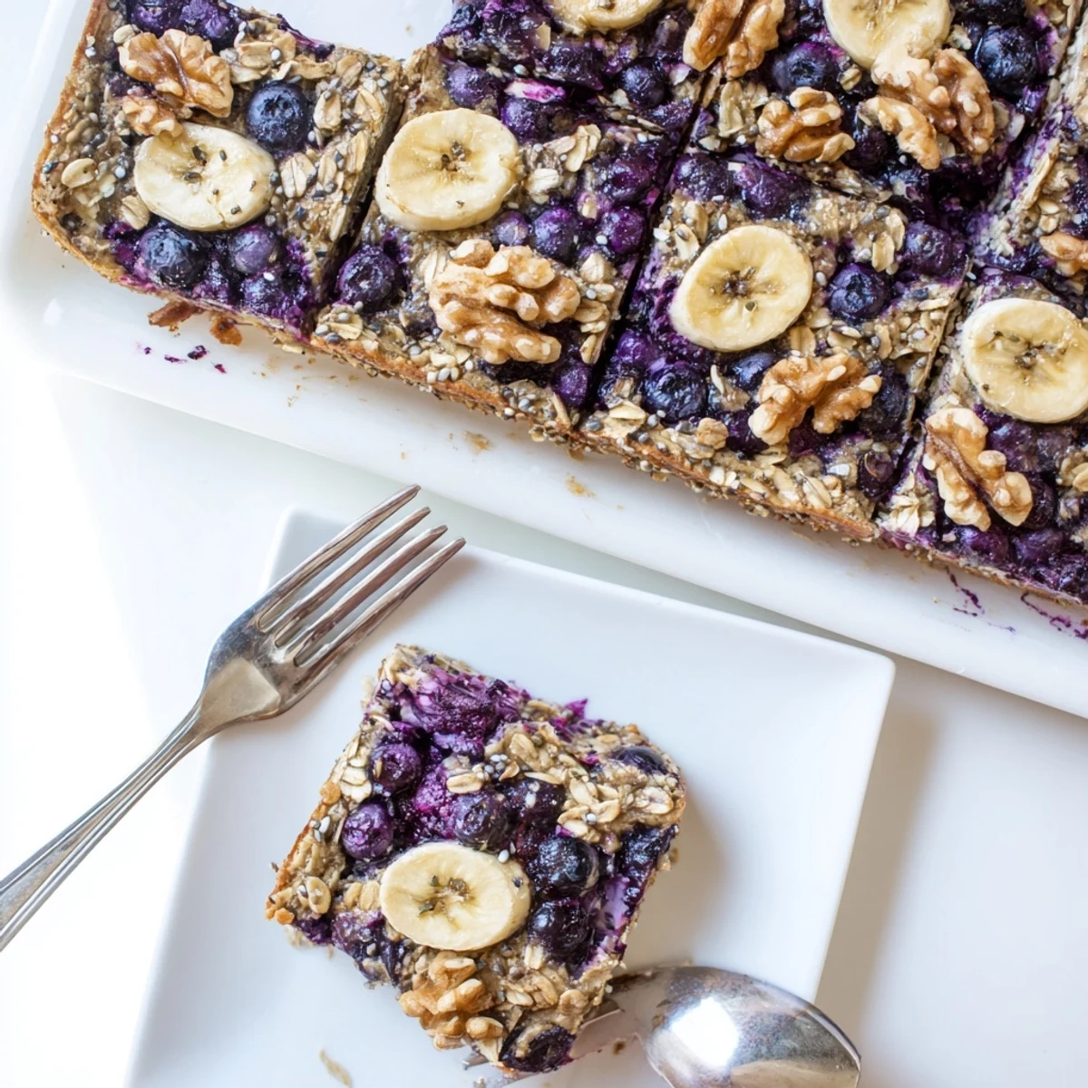 Warm High Protein Banana Blueberry Breakfast Bake served in a skillet, topped with walnuts and a drizzle of maple syrup.