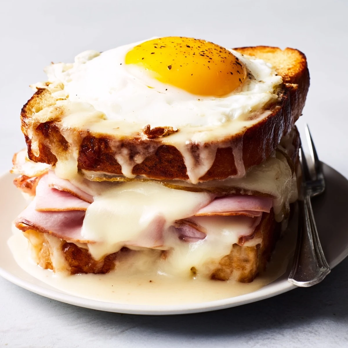 Golden-brown Croque Madame sandwiches topped with a sunny-side-up egg, served on a white plate with a side salad.