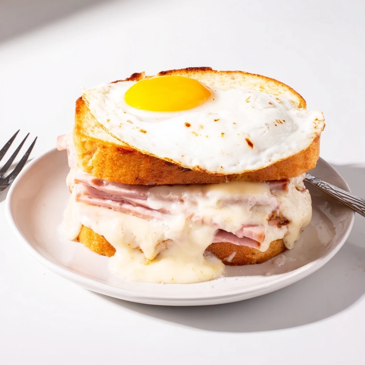 A close-up view of a Croque Madame sandwich, revealing melted cheese and ham inside toasted bread, ready to serve.