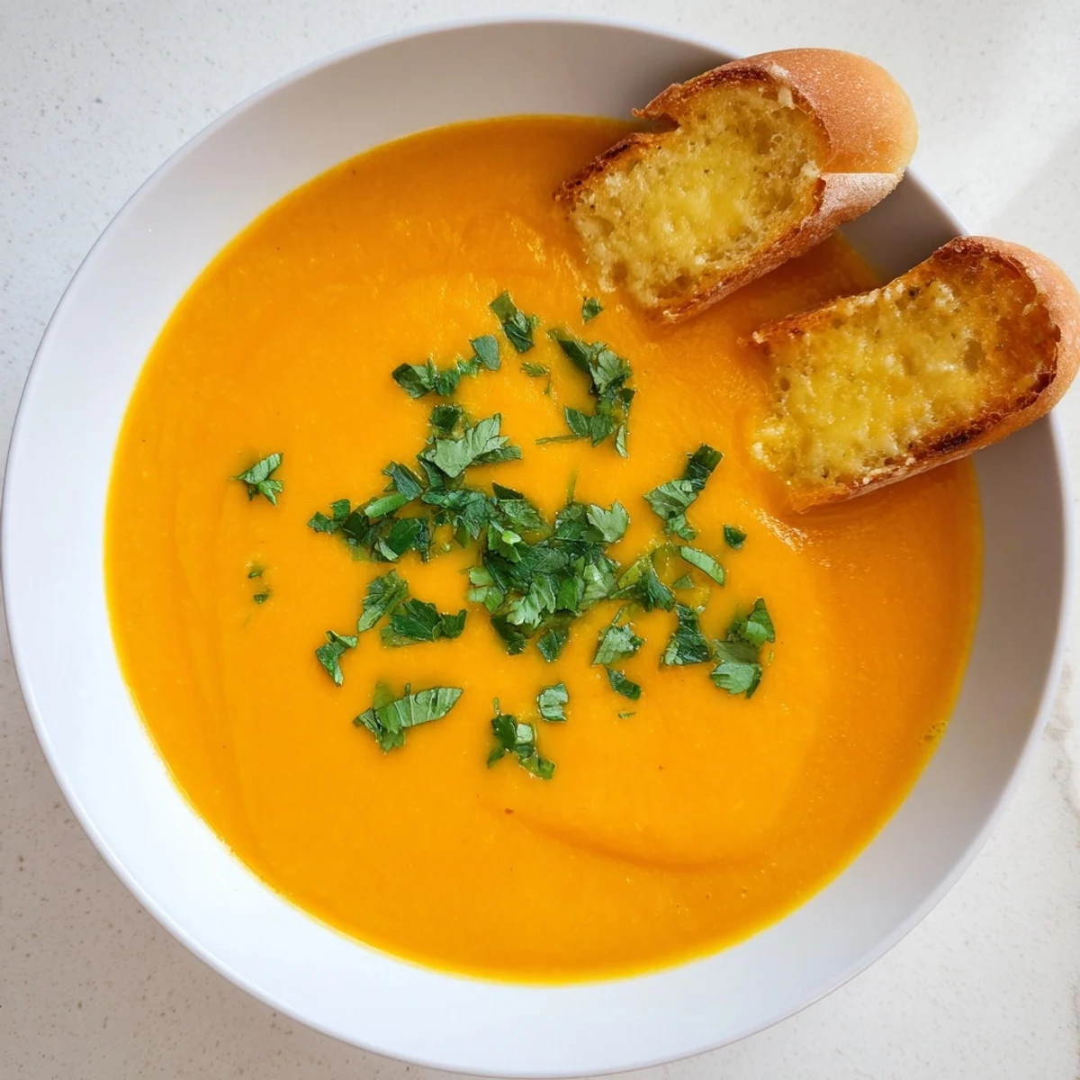 Savor the velvety texture of Creamy Carrot and Coriander Soup alongside crunchy, cheesy Parmesan toasts ready for dipping.