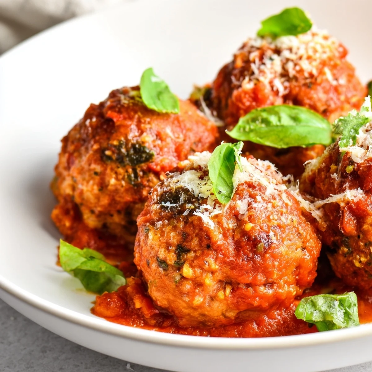 Golden-baked ricotta and mushroom meatballs glisten in rich tomato sauce, topped with fresh basil and grated Parmesan.