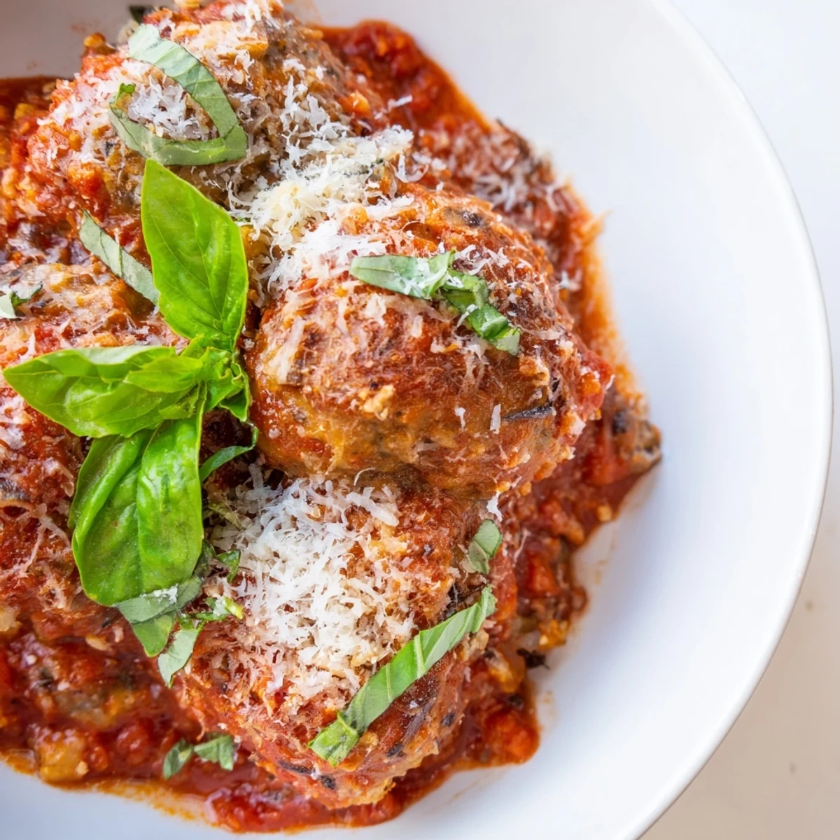 Hearty ricotta and mushroom meatballs simmer in a savory tomato sauce, served over al dente spaghetti for dinner.