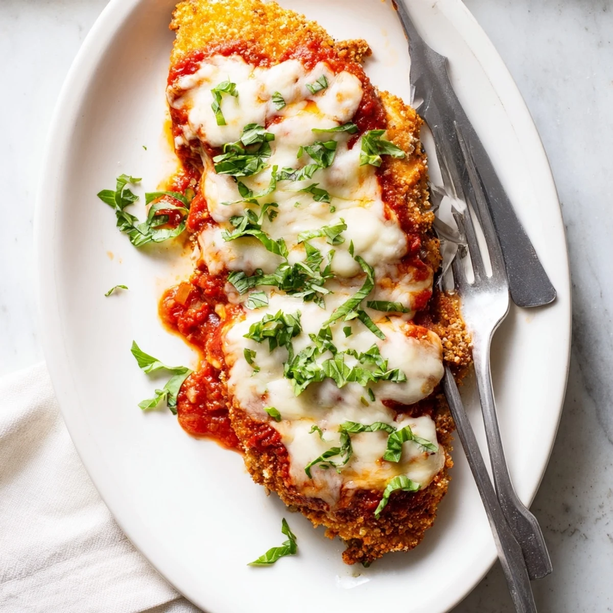 Golden breaded Chicken Parmigiana topped with melted mozzarella and rich marinara sauce, served over spaghetti.