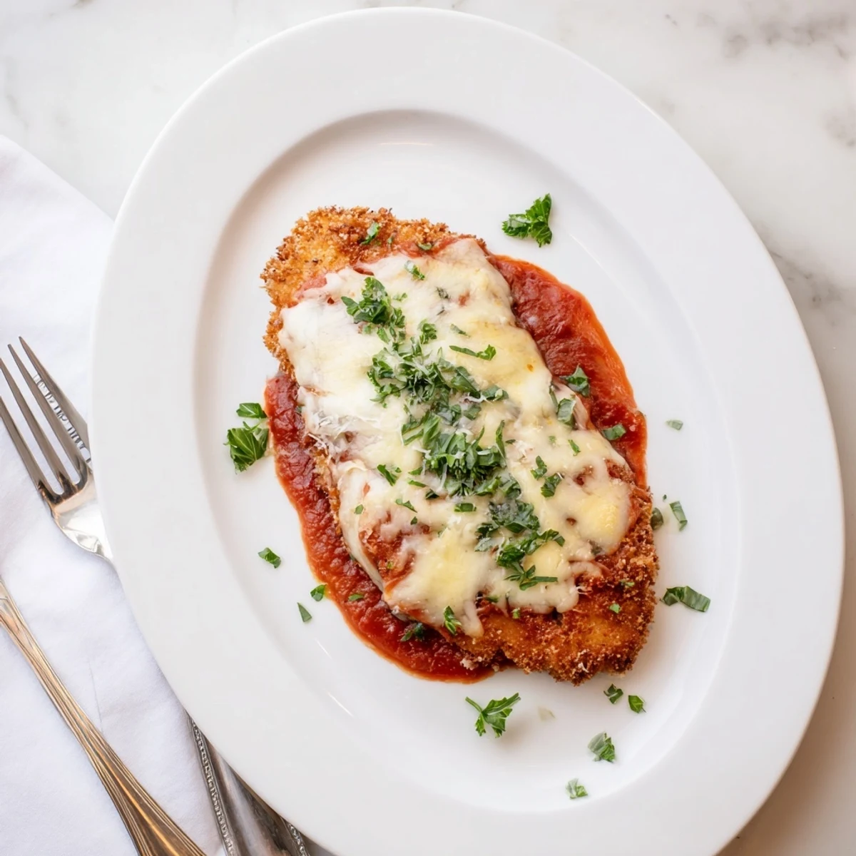 Sizzling fried Chicken Parmigiana with a crispy crust and bubbling cheese fresh from the oven.