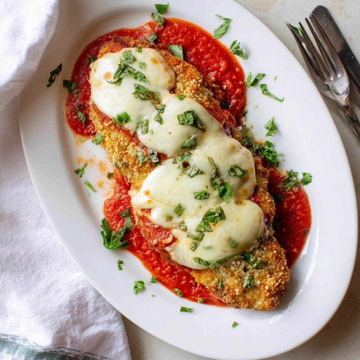 Freshly baked Chicken Parmigiana garnished with basil, paired with garlic bread on a rustic plate.
