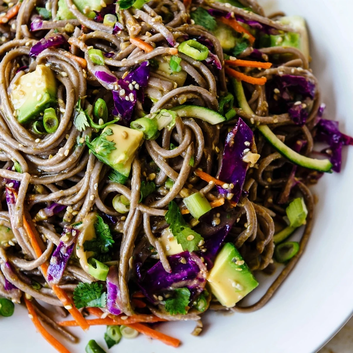 Creamy diced avocado and buckwheat soba noodles tossed in sesame dressing with crisp cabbage and carrots.