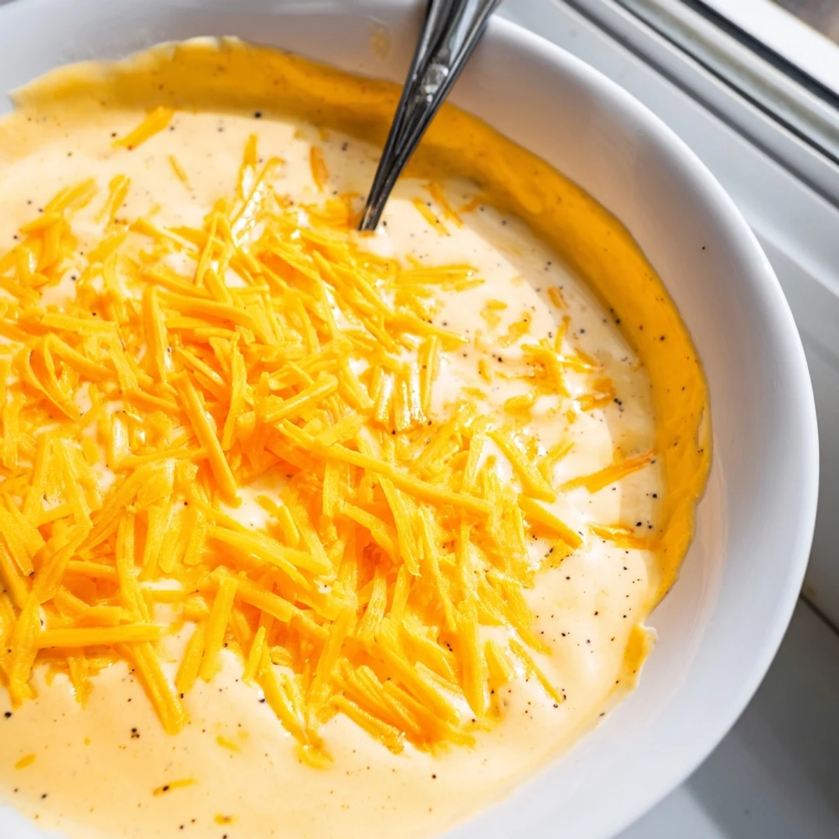 A vibrant bowl of Snappy Cheddar Sauce drizzled over steaming baked potatoes and nachos.