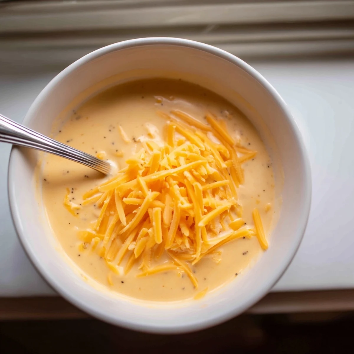 Golden, bubbling Snappy Cheddar Sauce being poured from a saucepan into a serving dish.