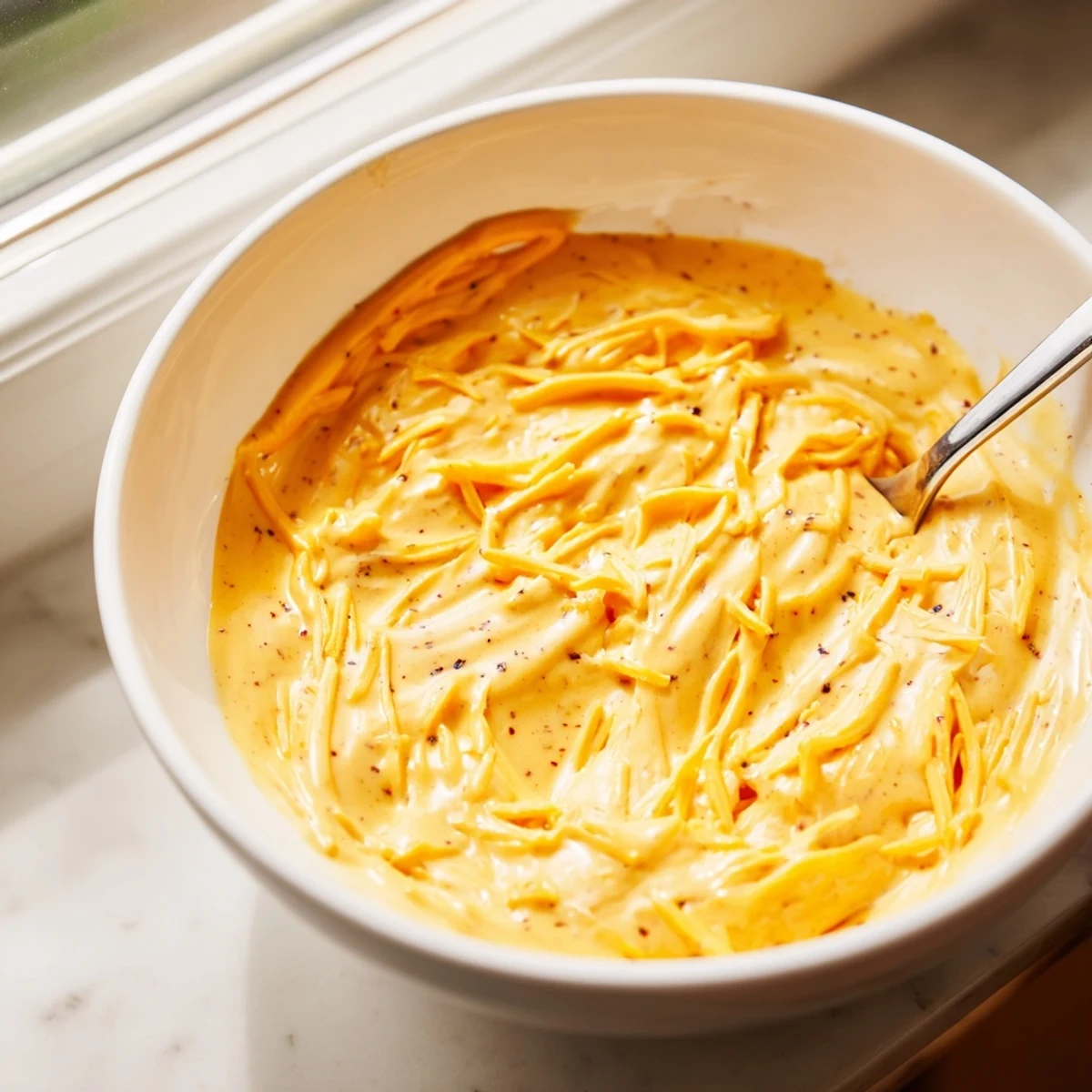 Rich, creamy Snappy Cheddar Sauce garnished with fresh chives and a side of soft pretzels.