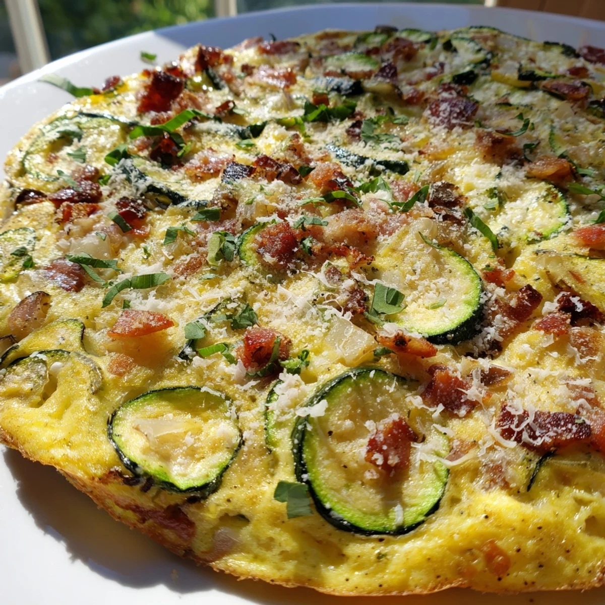 Freshly baked Zucchini Herb and Pancetta Frittata in a skillet, topped with melted Parmesan and fresh herbs.