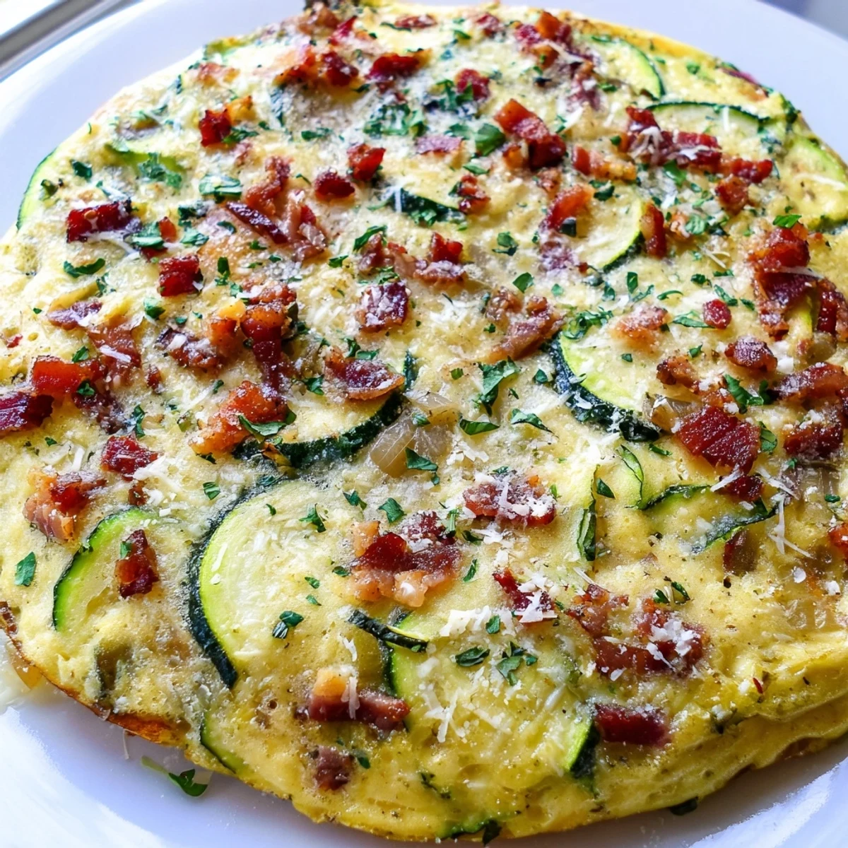 Close-up view of a Zucchini Herb and Pancetta Frittata showing golden eggs, tender zucchini, and crispy pancetta.