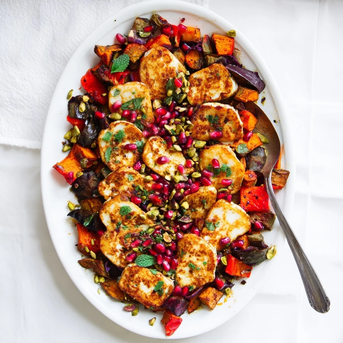 A close-up of Jewelled Haloumi With Spiced Vegetable Bake shows caramelized eggplant and sweet potato with fresh mint and lemon zest garnish.