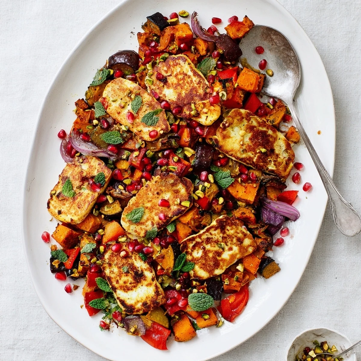 Served on a platter, this Jewelled Haloumi With Spiced Vegetable Bake offers golden cheese, jewel-like pomegranate seeds, and a dollop of creamy yogurt.