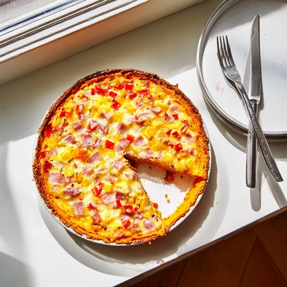 A golden Red Capsicum and Ham Quiche with Sweet Potato Crust on a rustic wooden board, sliced to show fluffy eggs and melted cheese.