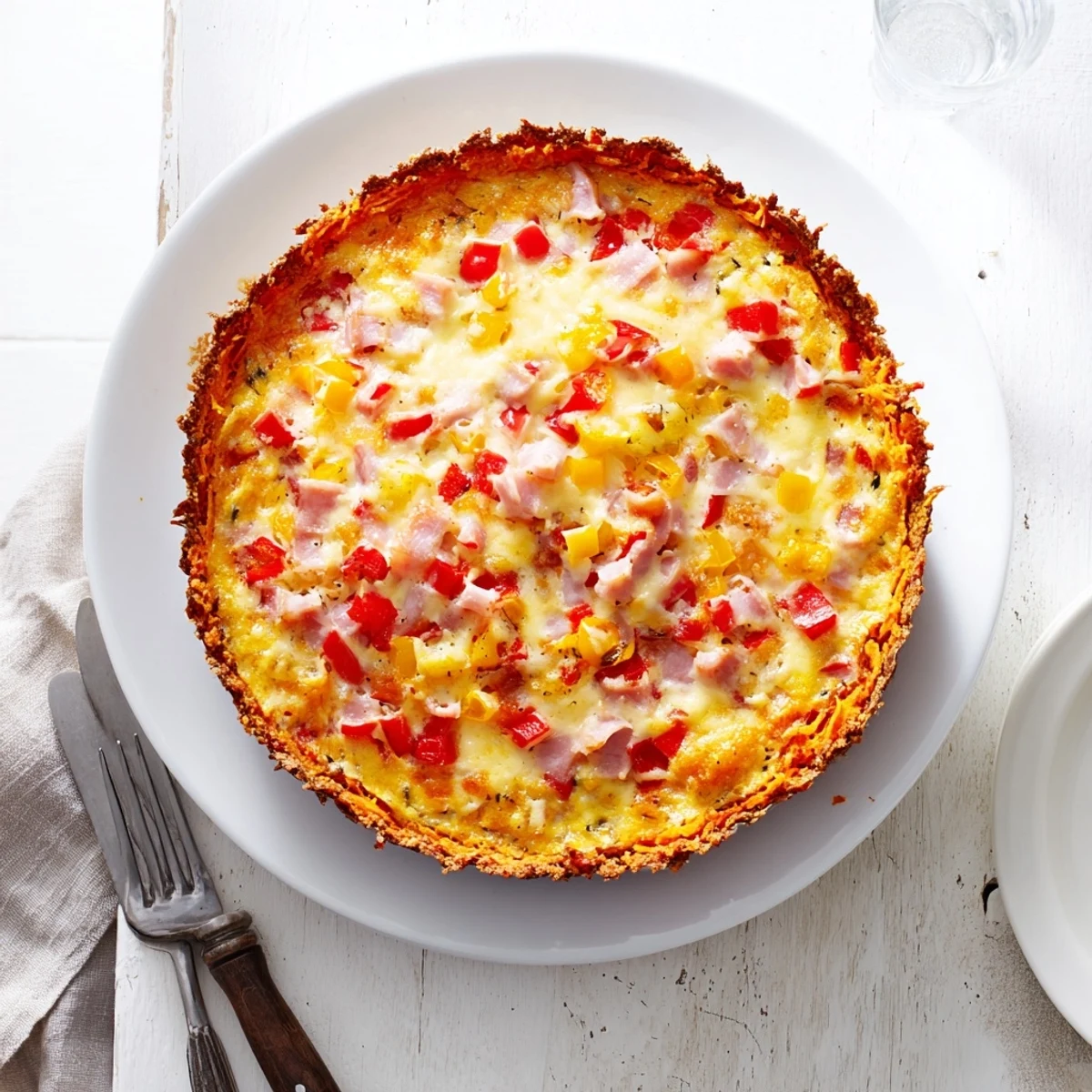 A freshly baked Red Capsicum and Ham Quiche with Sweet Potato Crust served on a white plate with a side salad, perfect for brunch.