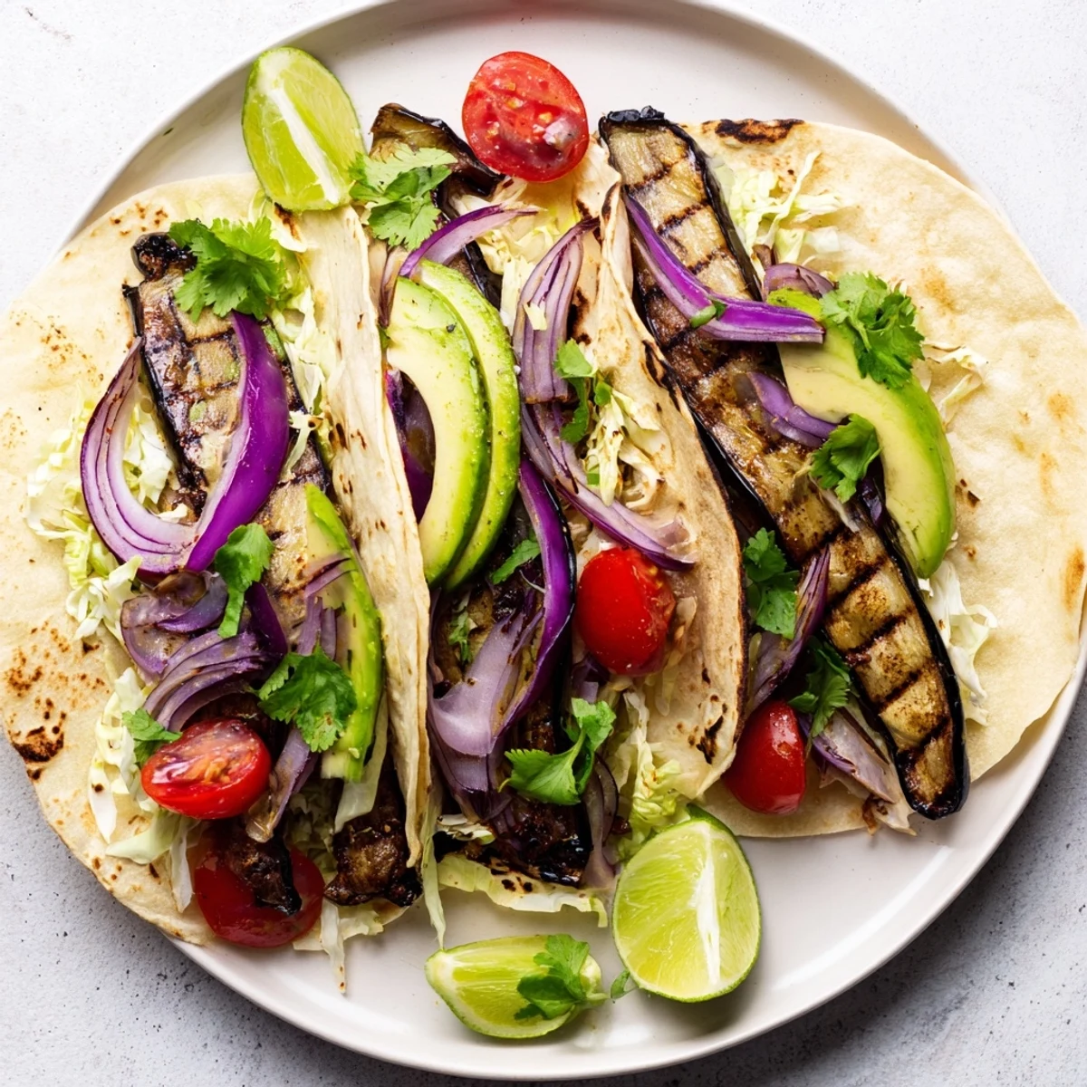 Golden-brown grilled eggplant on Charred Eggplant Tacos rests beside crisp lettuce, creamy avocado, and sliced red onion on a rustic plate.