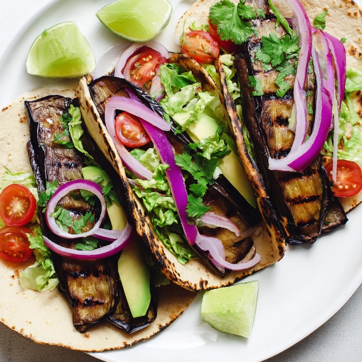 Colorful Charred Eggplant Tacos are arranged with char-marked eggplant, diced tomatoes, and a drizzle of hot sauce for extra spice.