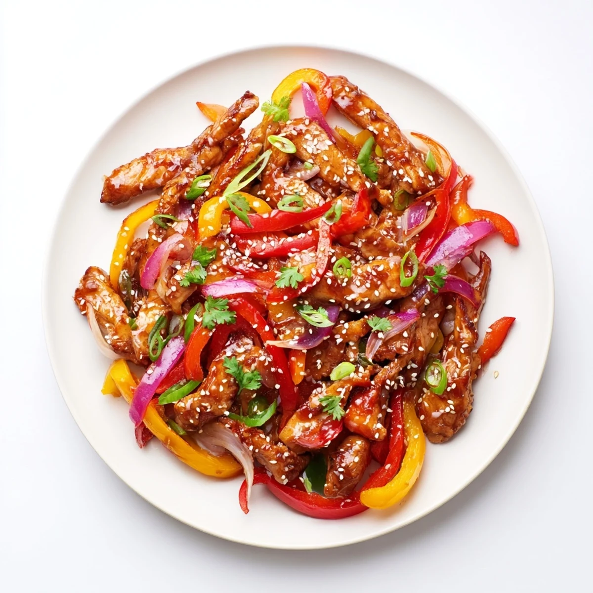 Quick Sweet Chilli Chicken Stir Fry with tender chicken and vibrant bell peppers glistening in a sweet and tangy sauce.