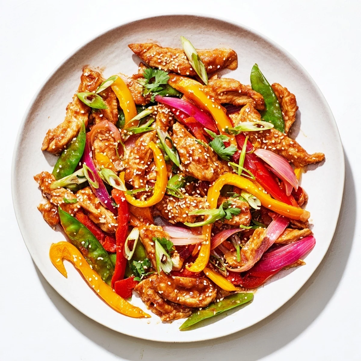 A close-up of Quick Sweet Chilli Chicken Stir Fry served over white rice with sesame seeds and fresh cilantro garnish.