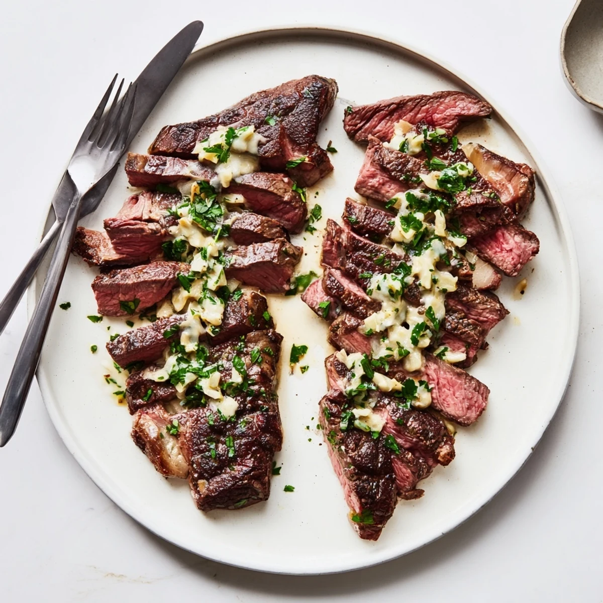 Two seared ribeye steaks topped with creamy garlic sauce, garnished with fresh parsley and served alongside roasted potatoes for a complete meal.