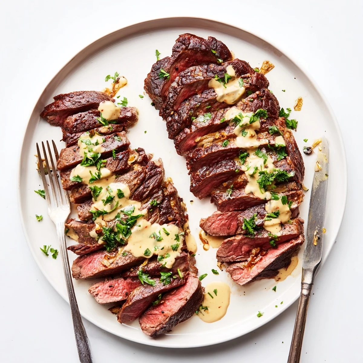 A close-up of Juicy Steak With Creamy Garlic Sauce highlights the sizzle marks, melted parmesan, and rich buttery texture of the sauce.