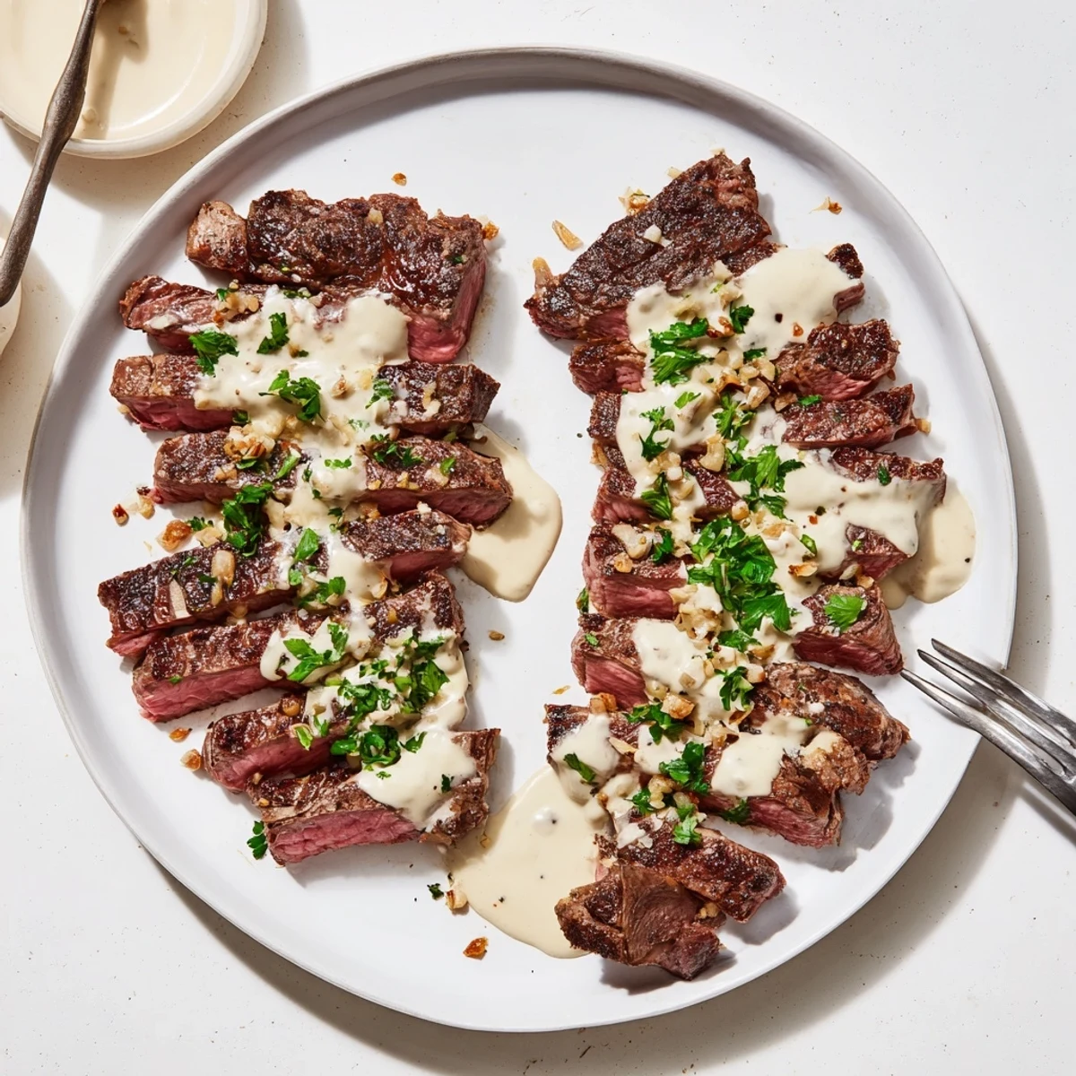 Juicy Steak With Creamy Garlic Sauce is presented on a white plate, showcasing a velvety sauce drizzled over the sliced meat.