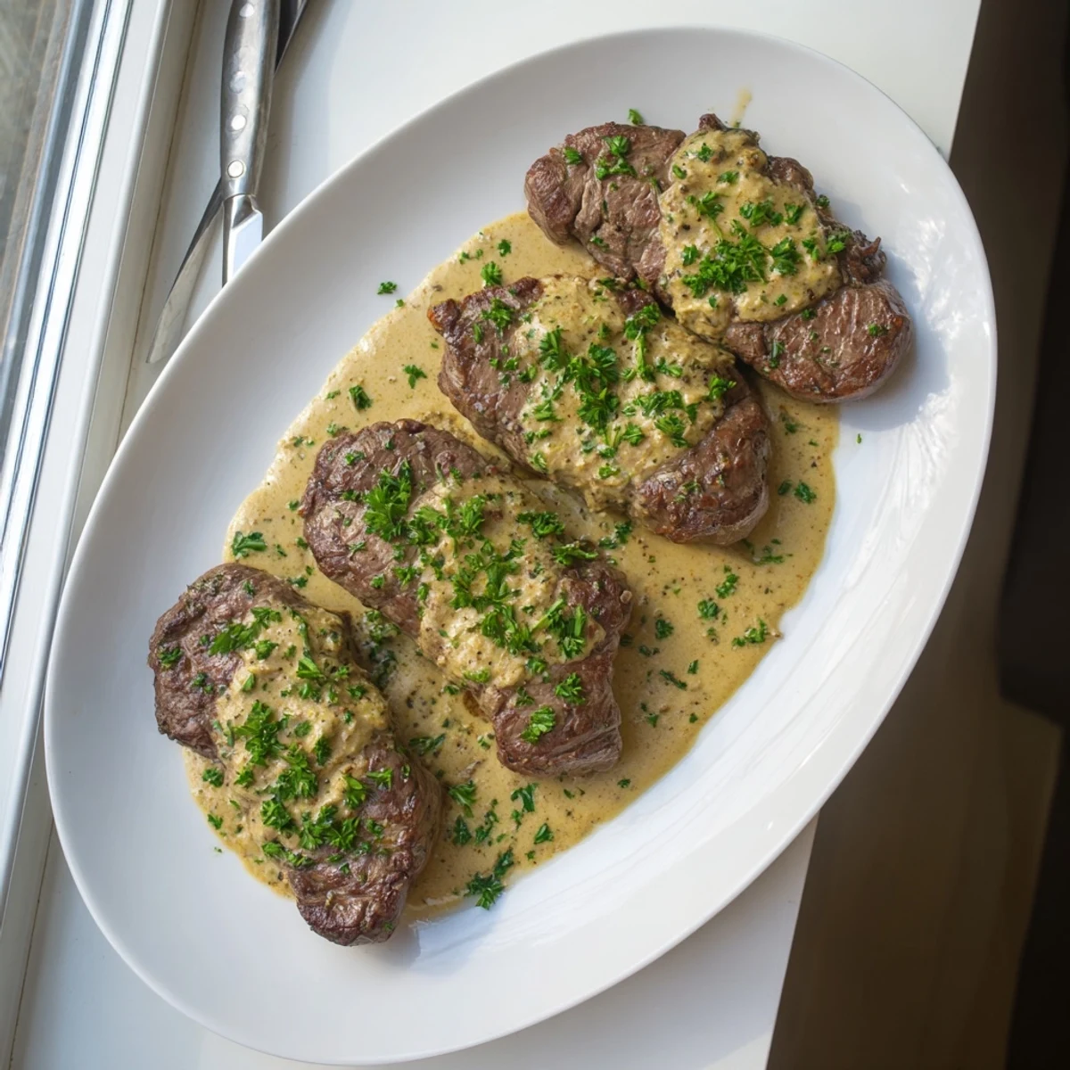 Garlic Butter Steak With Parmesan Cream Sauce, seared with garlic butter and served on a white plate.