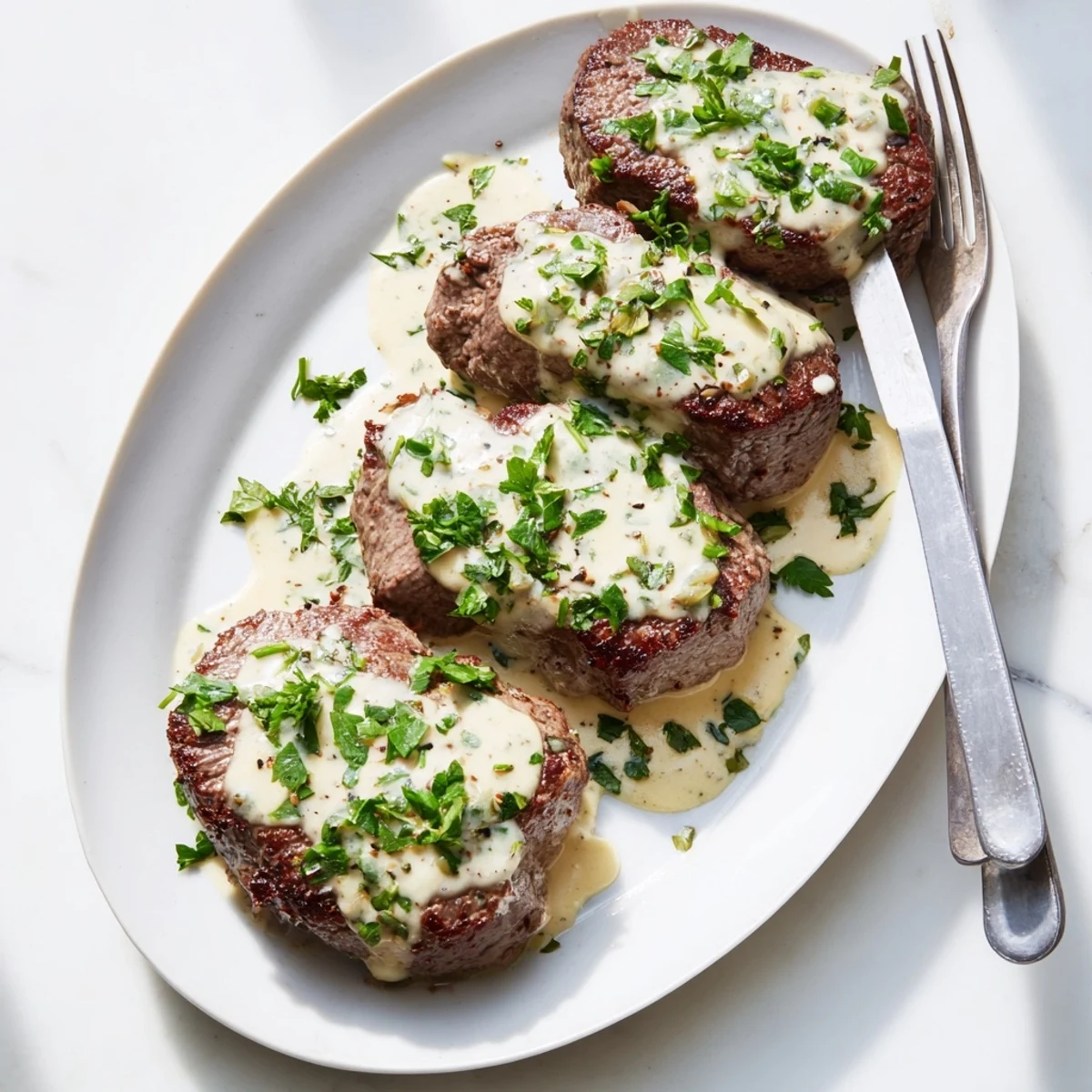 Juicy Garlic Butter Steak With Parmesan Cream Sauce drizzled with rich, velvety sauce next to parsley garnish.