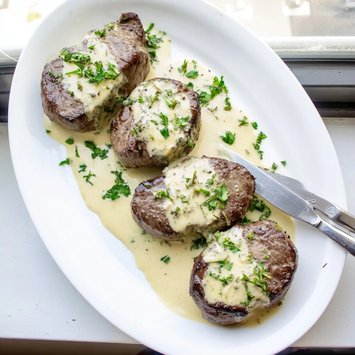 Close-up of Garlic Butter Steak With Parmesan Cream Sauce showing melted parmesan and buttery pan drippings.