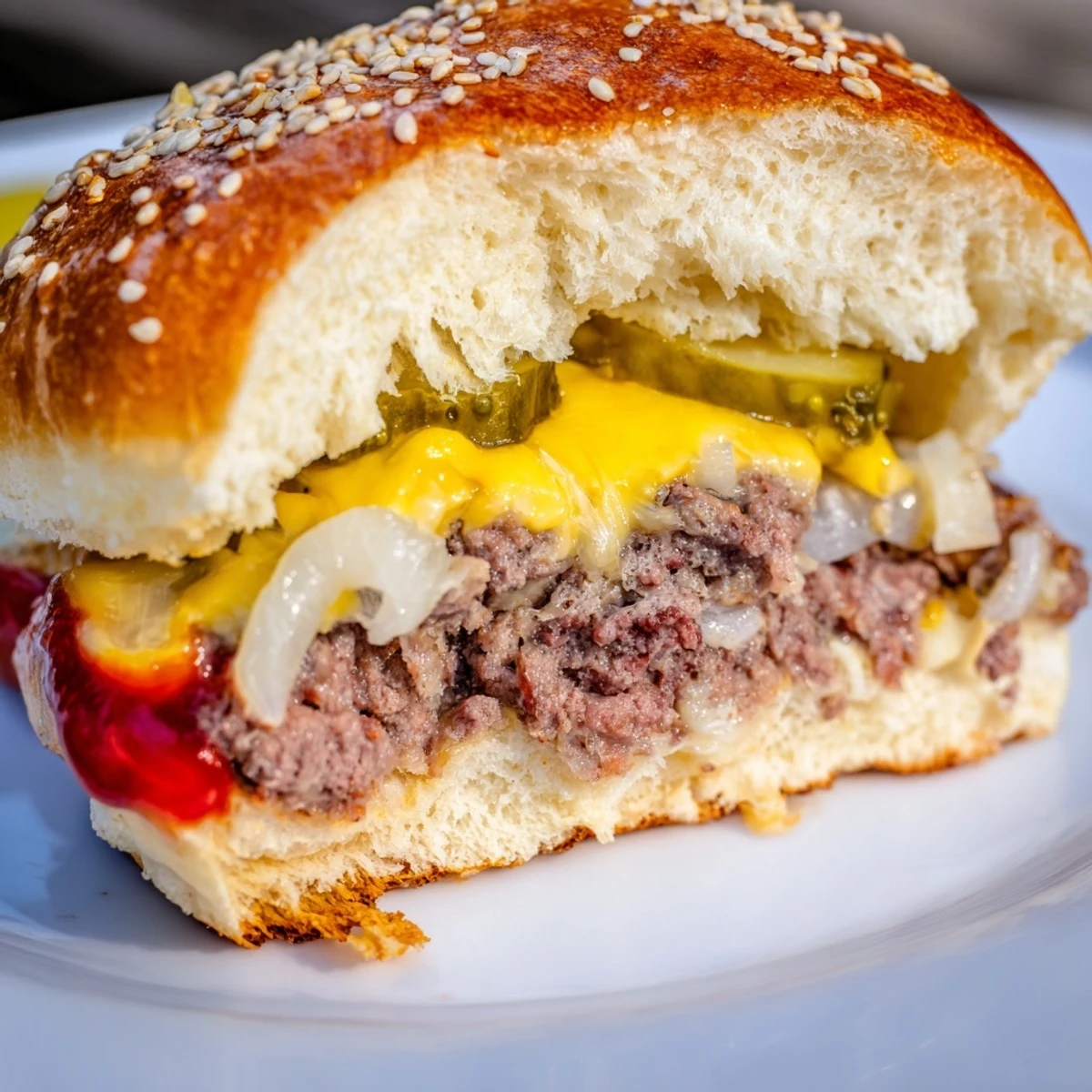 Close-up of freshly baked White Trash Sliders with melted American cheese and pickles on a rustic board.