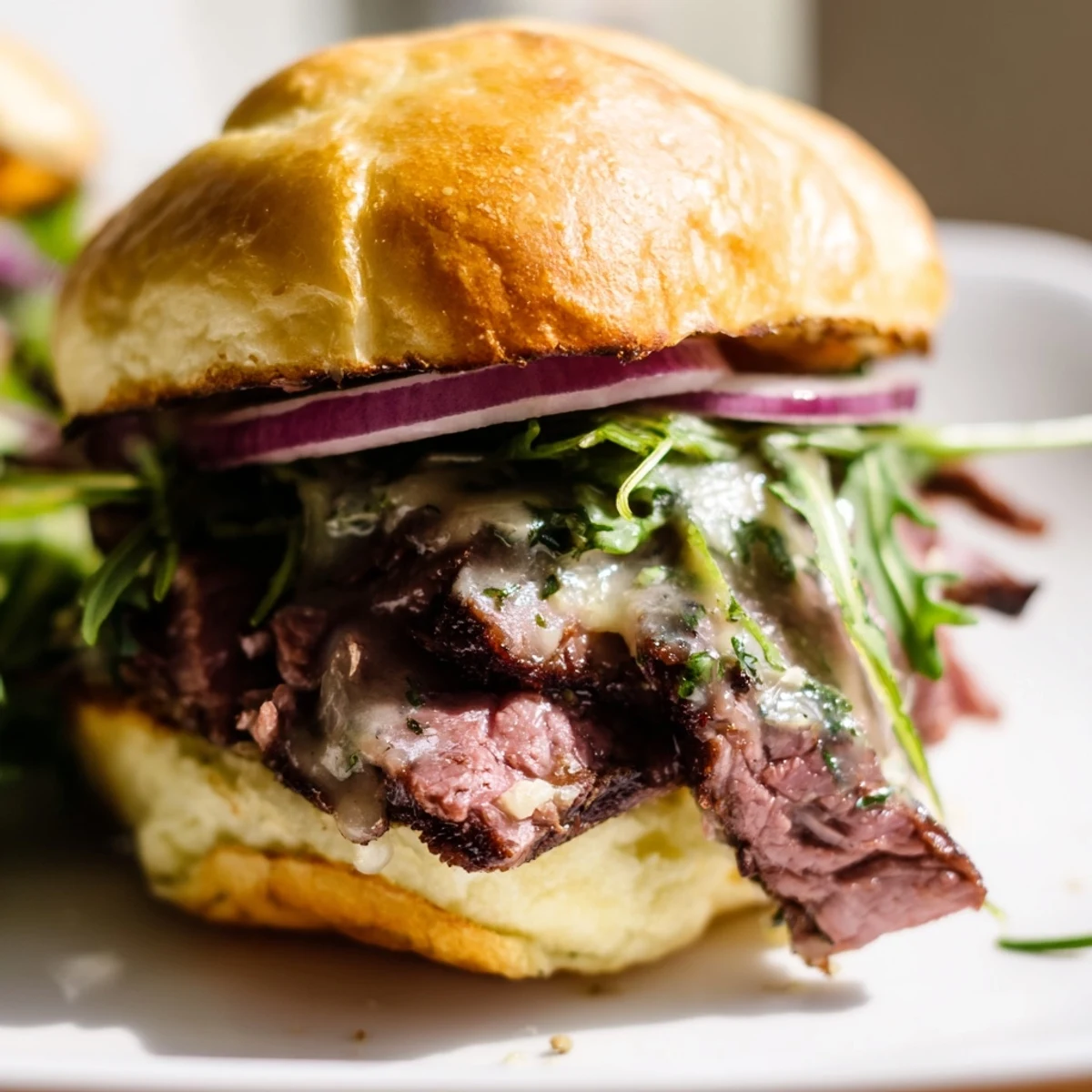 Freshly assembled Cowboy Butter Steak Sliders topped with red onion, buttery spread, and herbs on a rustic game day platter.