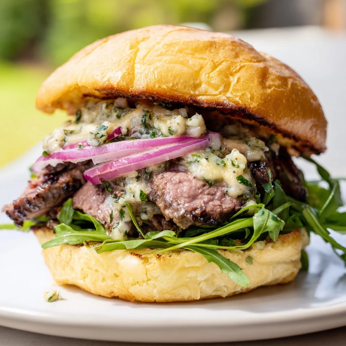 Sizzling flank steak slices resting on toasted buns with melted cowboy butter and arugula for Cowboy Butter Steak Sliders.