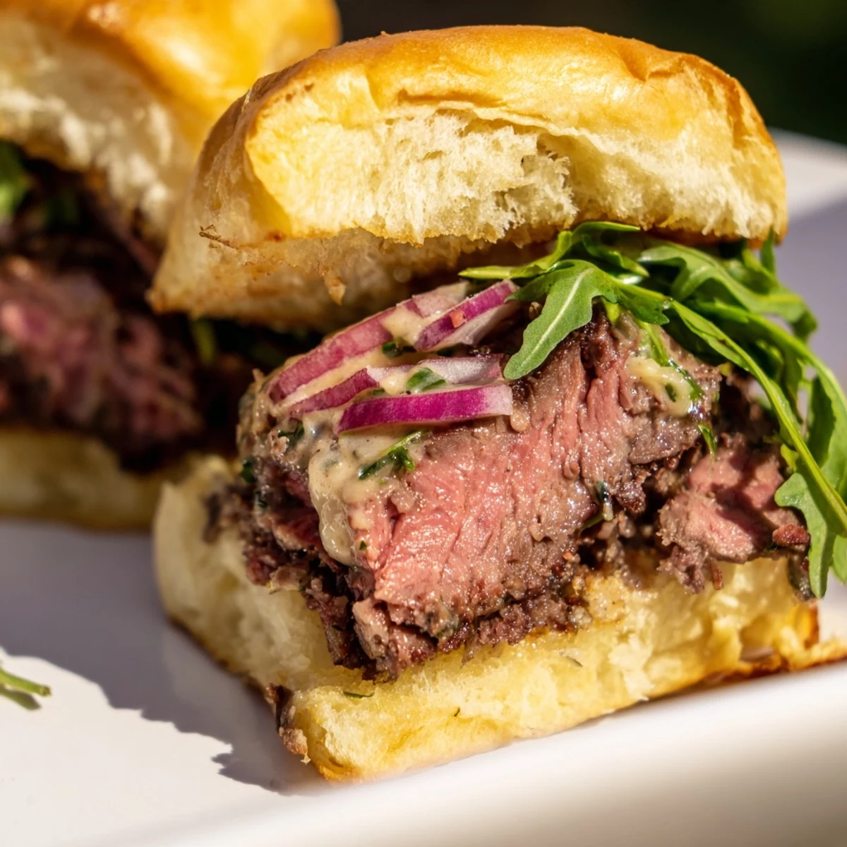 Juicy steak pieces layered in soft buns with zesty cowboy butter, ready to serve at a warm family gathering.