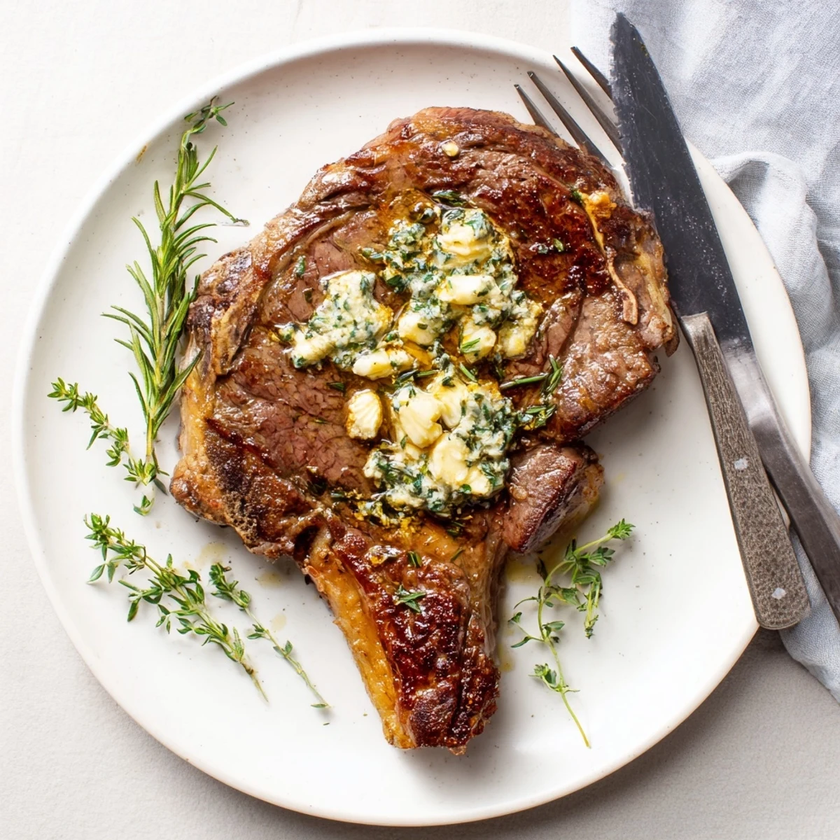 A close-up of Pan Seared Ribeye Steak showcasing its rich, caramelized crust and herb butter glaze.