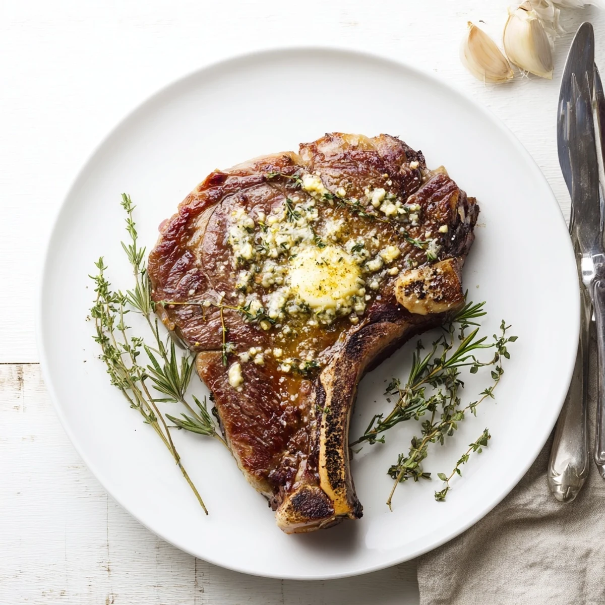 Pan Seared Ribeye Steak sizzling in a cast-iron skillet, ready to serve with a dinner plate.