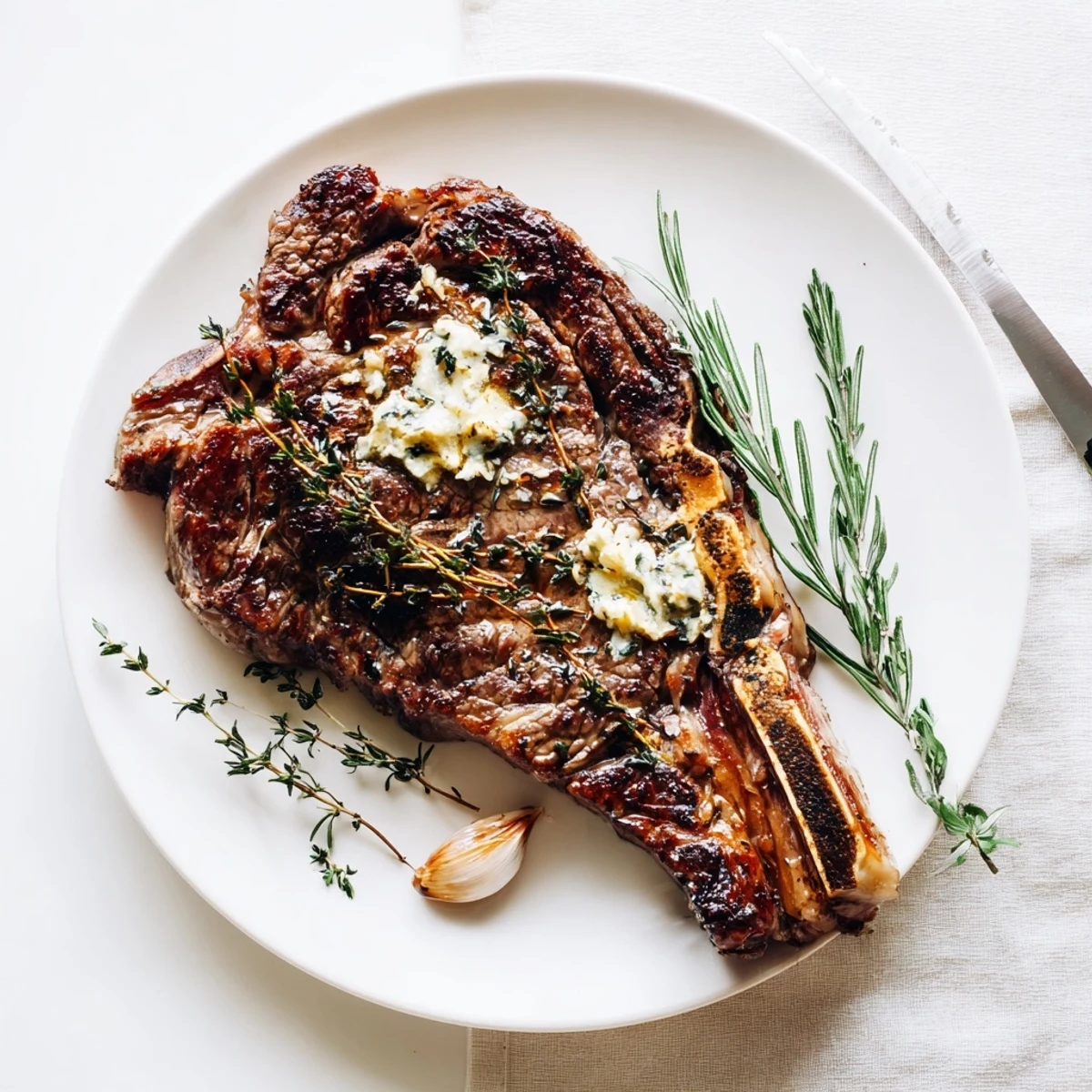 Juicy Pan Seared Ribeye Steak sliced on a wooden board with rosemary and garlic nearby.