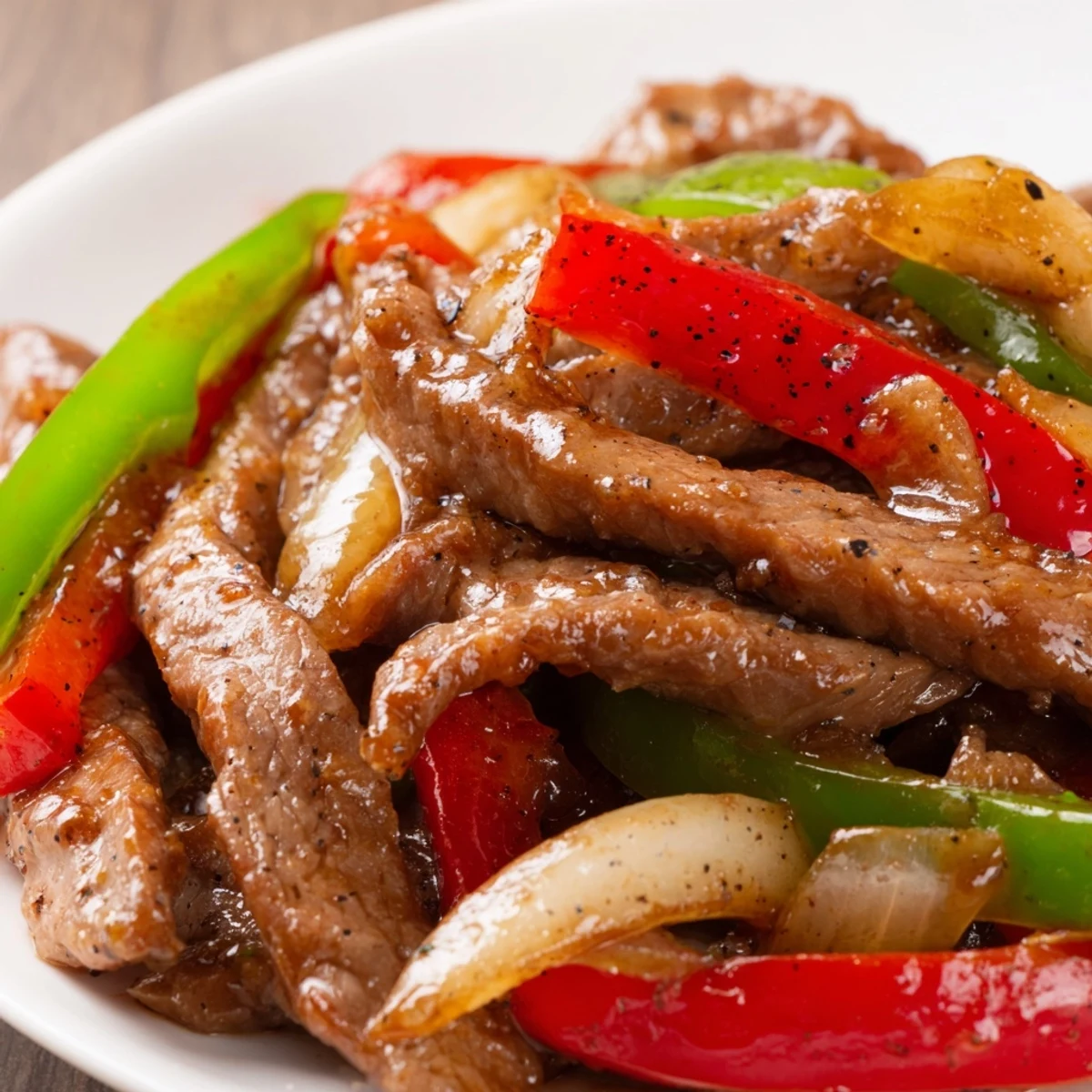 Sizzling Chinese Pepper Steak With Onions sizzles in a wok with colorful peppers and onions.